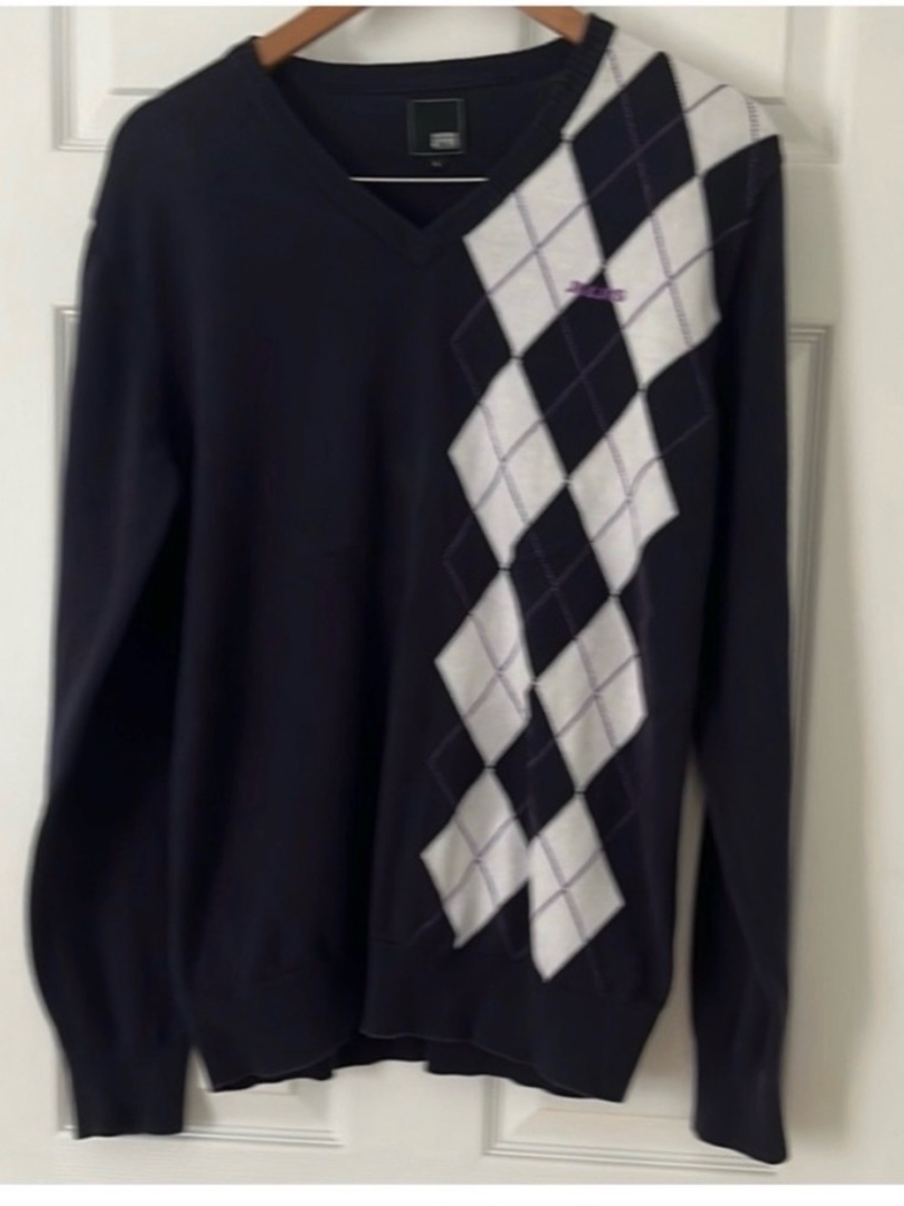 Jack & Jones Navy V-Neck Sweater with White Argyle Stripe